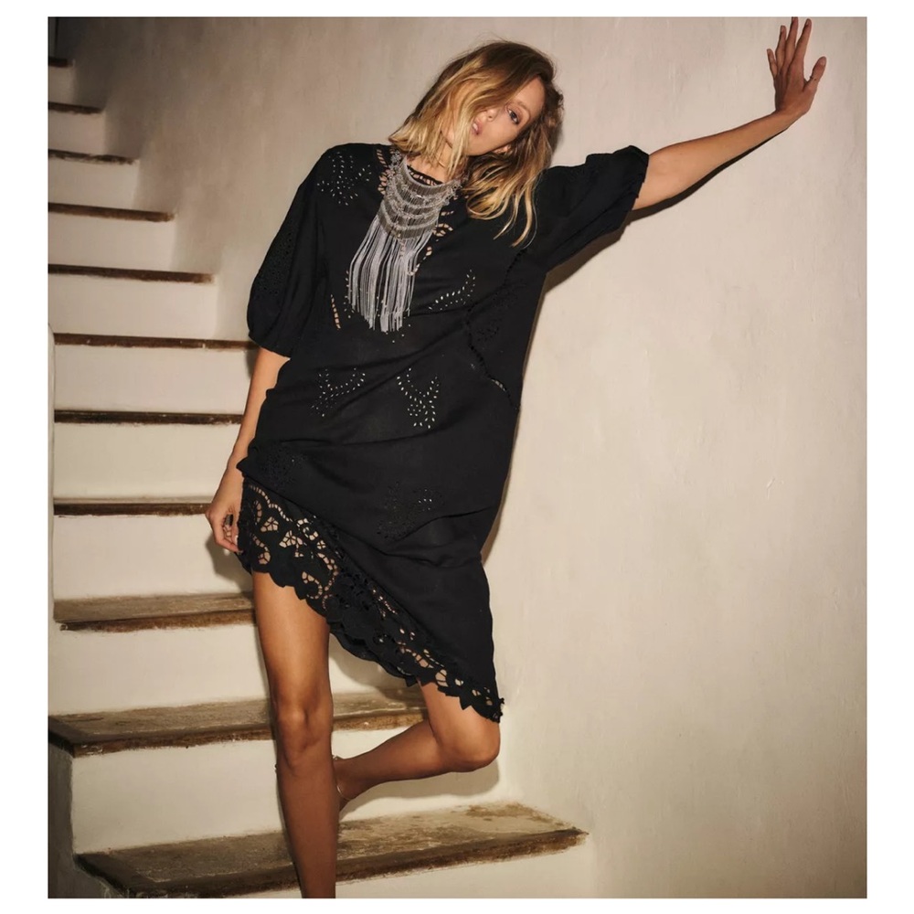 NWT ZARA Black Dress With Embroidered Lace Detail And Puff Sleeves.  Size Small.